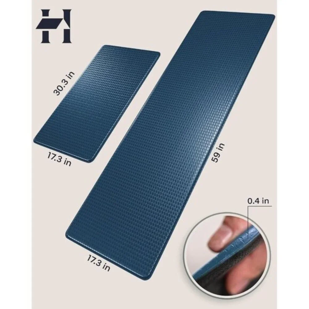 New Set of 2 Blue Memory Foam Cushioned Rugs for Office Home, Laundry, Kitchen
